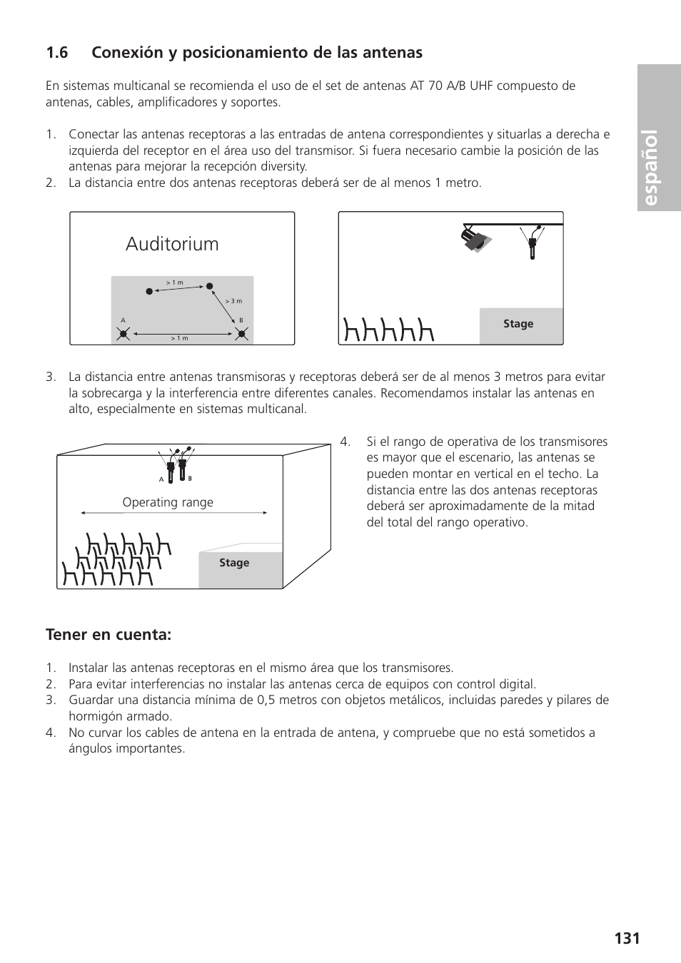 6 conexión y posicionamiento de las antenas, Español, Auditorium | Tener en cuenta | Beyerdynamic UHF Wireless System Opus 900 User Manual | Page 131 / 164