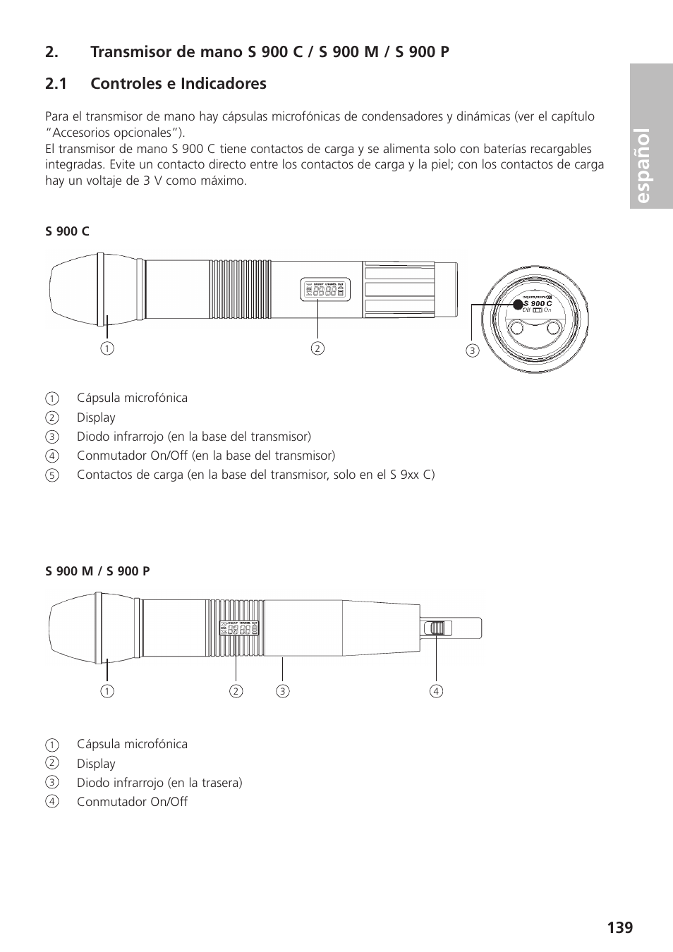Transmisor de mano s 900 c / s 900 m / s 900 p, 1 controles e indicadores, Español | Beyerdynamic UHF Wireless System Opus 900 User Manual | Page 139 / 164