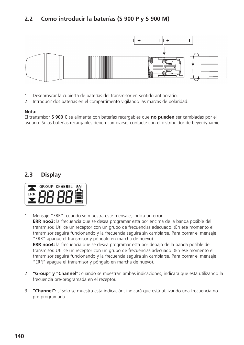 2 como introducir la baterías (s 900 p y s 900 m), 3 display | Beyerdynamic UHF Wireless System Opus 900 User Manual | Page 140 / 164