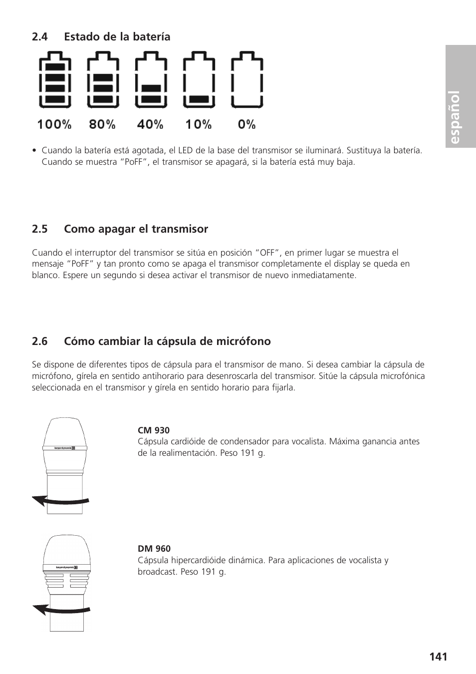 4 estado de la batería, 5 como apagar el transmisor, 6 cómo cambiar la cápsula de micrófono | Español | Beyerdynamic UHF Wireless System Opus 900 User Manual | Page 141 / 164