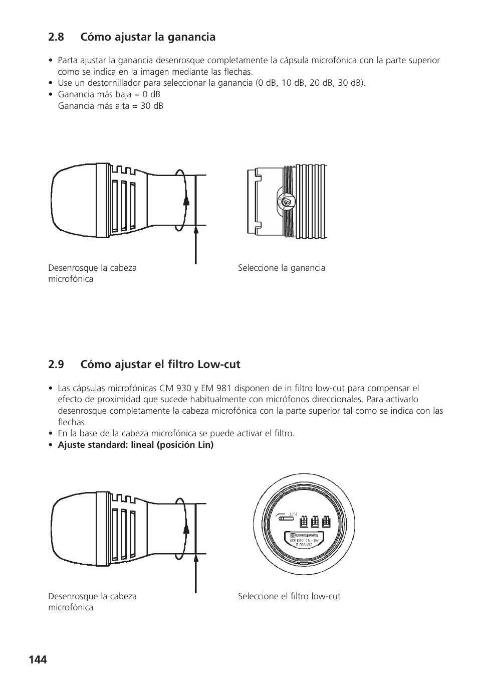 8 cómo ajustar la ganancia, 9 cómo ajustar el filtro low-cut | Beyerdynamic UHF Wireless System Opus 900 User Manual | Page 144 / 164