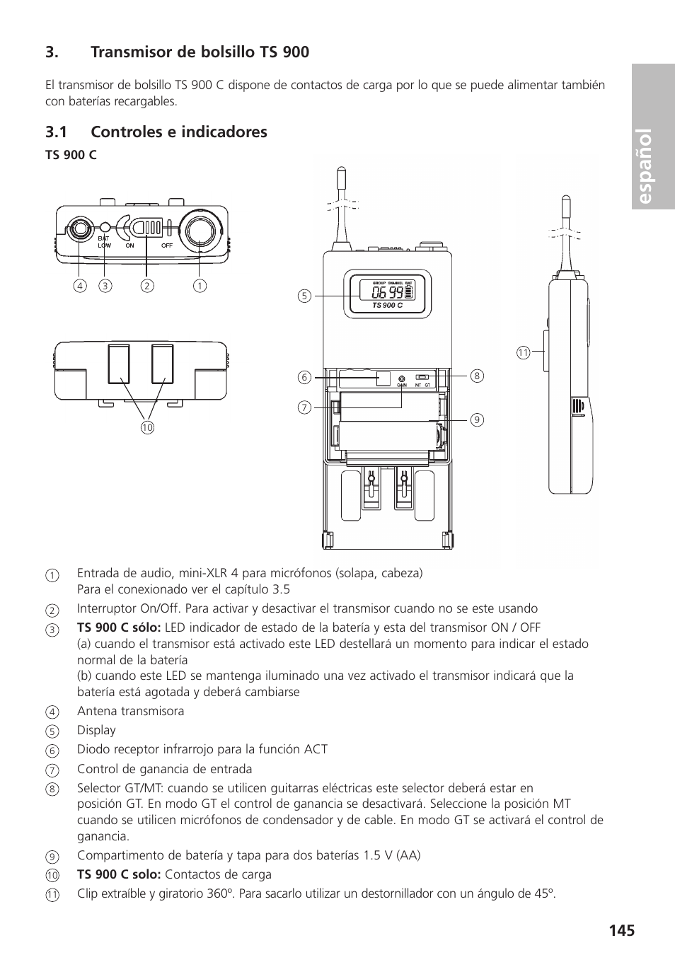 Transmisor de bolsillo ts 900, 1 controles e indicadores, Español | Beyerdynamic UHF Wireless System Opus 900 User Manual | Page 145 / 164