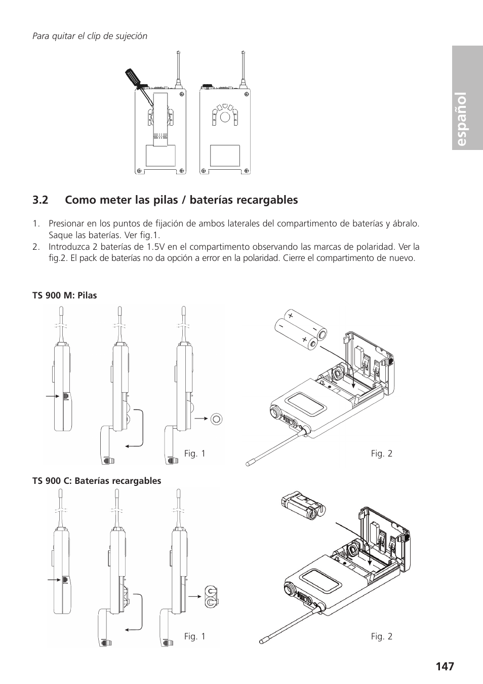 2 como meter las pilas / baterías recargables, Español | Beyerdynamic UHF Wireless System Opus 900 User Manual | Page 147 / 164