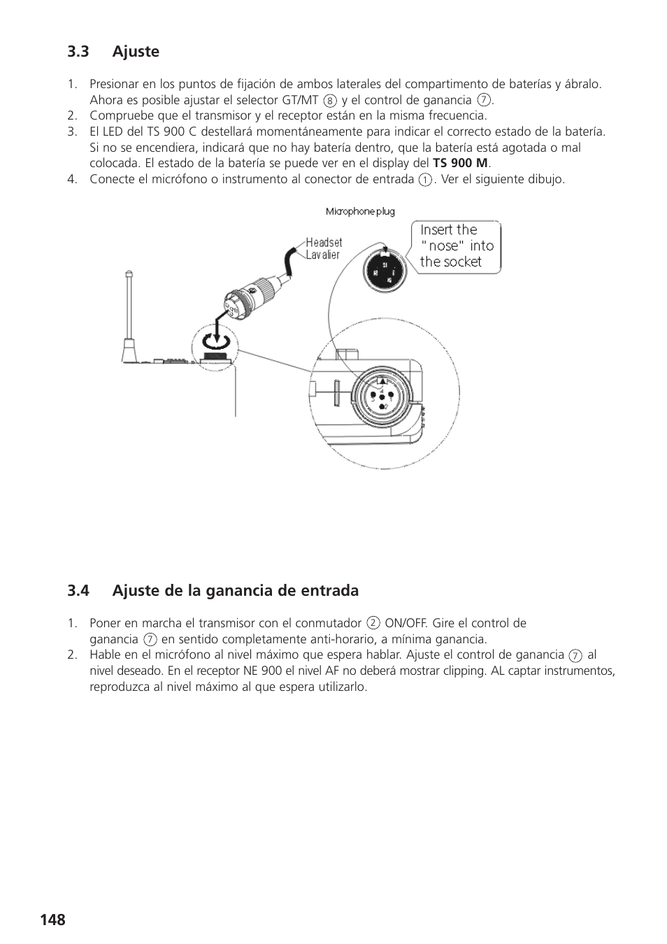 3 ajuste, 4 ajuste de la ganancia de entrada | Beyerdynamic UHF Wireless System Opus 900 User Manual | Page 148 / 164
