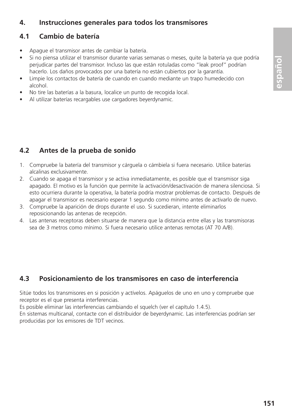 1 cambio de batería, 2 antes de la prueba de sonido, Español | Beyerdynamic UHF Wireless System Opus 900 User Manual | Page 151 / 164