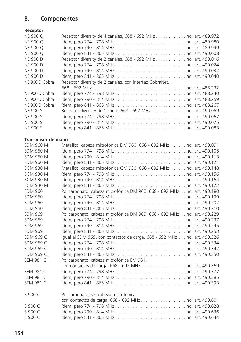 Componentes, 154 8. componentes | Beyerdynamic UHF Wireless System Opus 900 User Manual | Page 154 / 164