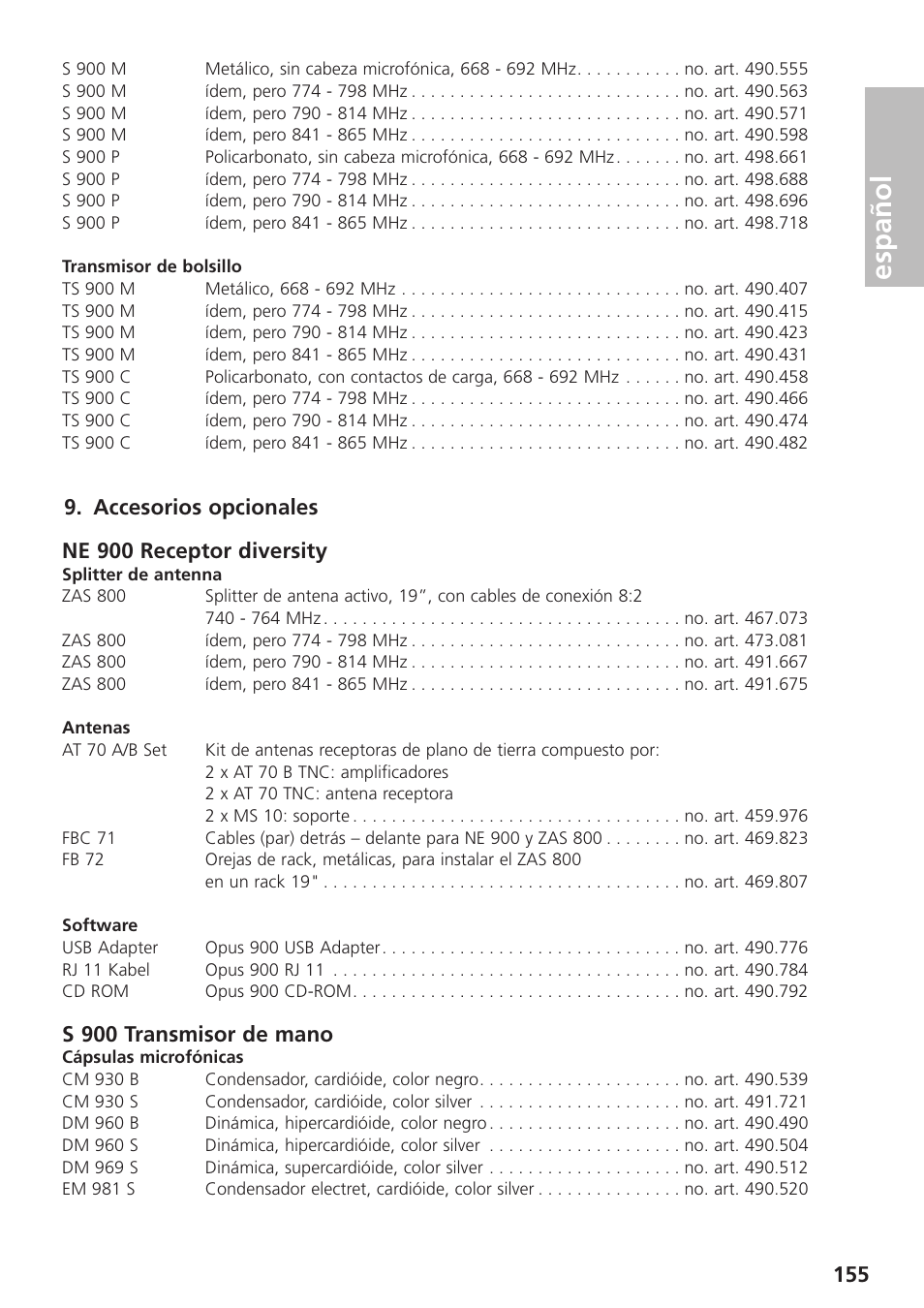 Accesorios opcionales, Español, Accesorios opcionales ne 900 receptor diversity | S 900 transmisor de mano | Beyerdynamic UHF Wireless System Opus 900 User Manual | Page 155 / 164
