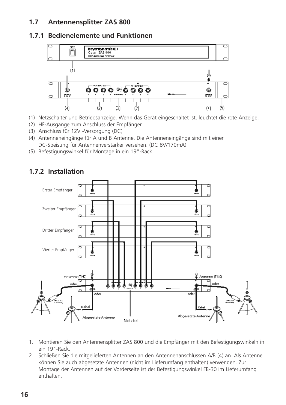 7 antennensplitter zas 800, 1 bedienelemente und funktionen, 2 installation | Beyerdynamic UHF Wireless System Opus 900 User Manual | Page 16 / 164