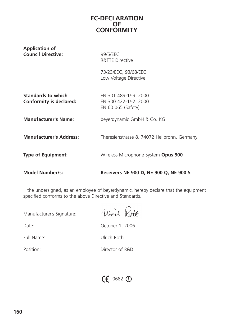 Konformitätserklärung, Ec-declaration of conformity, Déclaration de conformité | Declaracíon de conformidad | Beyerdynamic UHF Wireless System Opus 900 User Manual | Page 160 / 164