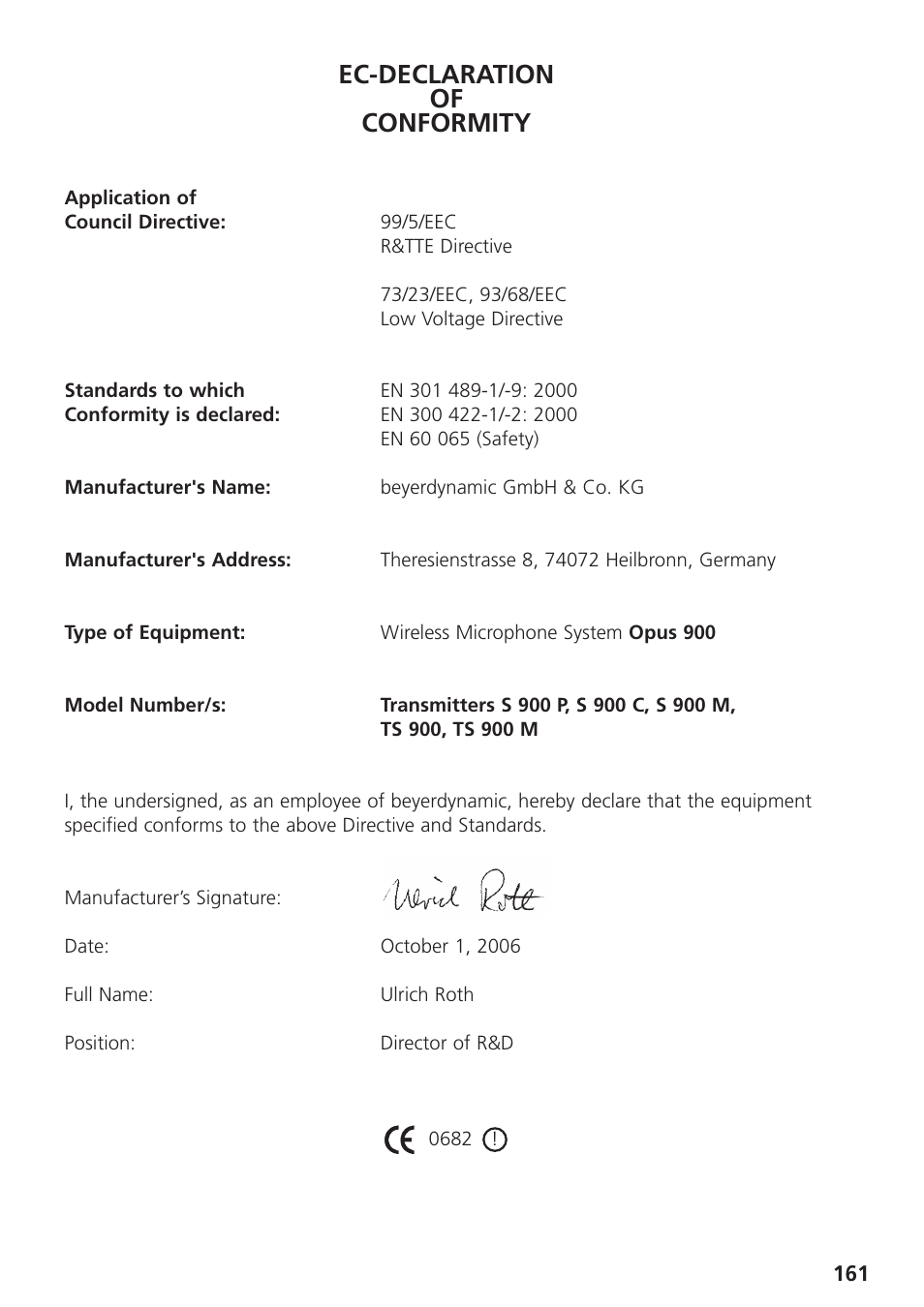 Ec-declaration of conformity | Beyerdynamic UHF Wireless System Opus 900 User Manual | Page 161 / 164