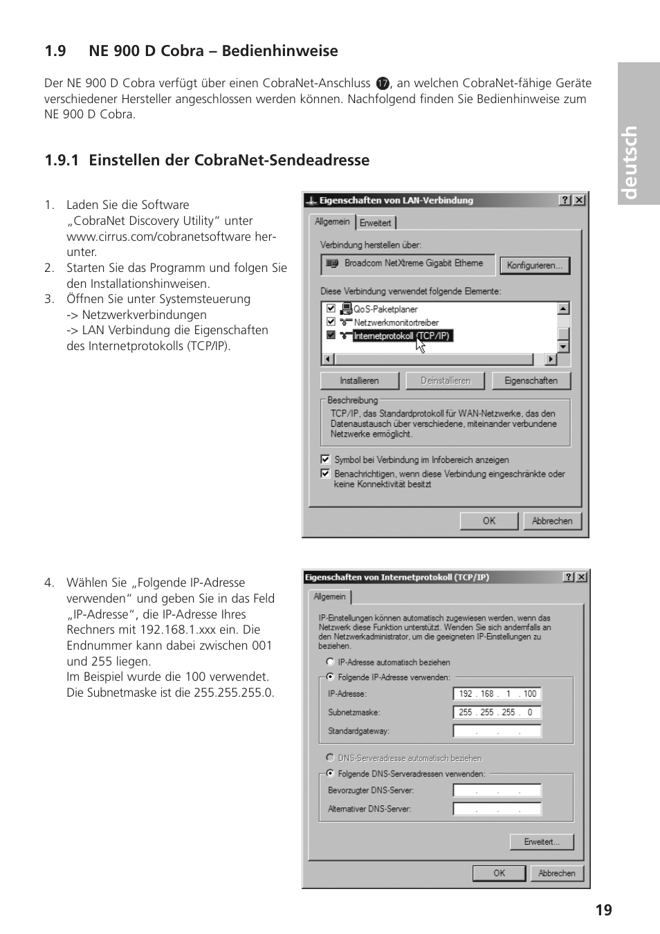 9 ne 900 d cobra – bedienhinweis, 1 einstellen der cobranet-sendeadresse, Deutsch | Beyerdynamic UHF Wireless System Opus 900 User Manual | Page 19 / 164