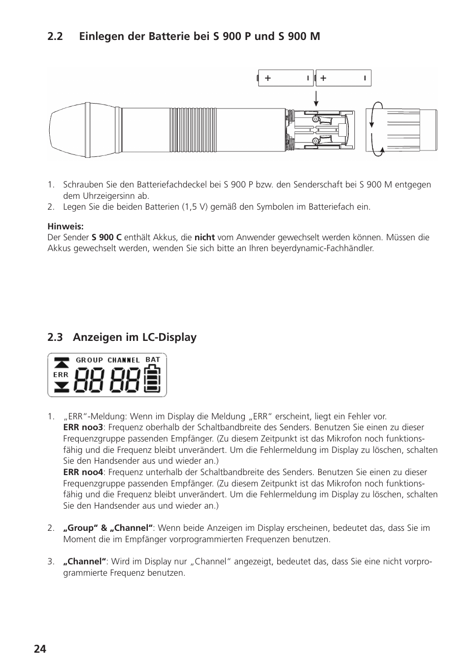 2 einlegen der batterie bei s 900 p und s 900 m1, 3 anzeigen im lc-display | Beyerdynamic UHF Wireless System Opus 900 User Manual | Page 24 / 164