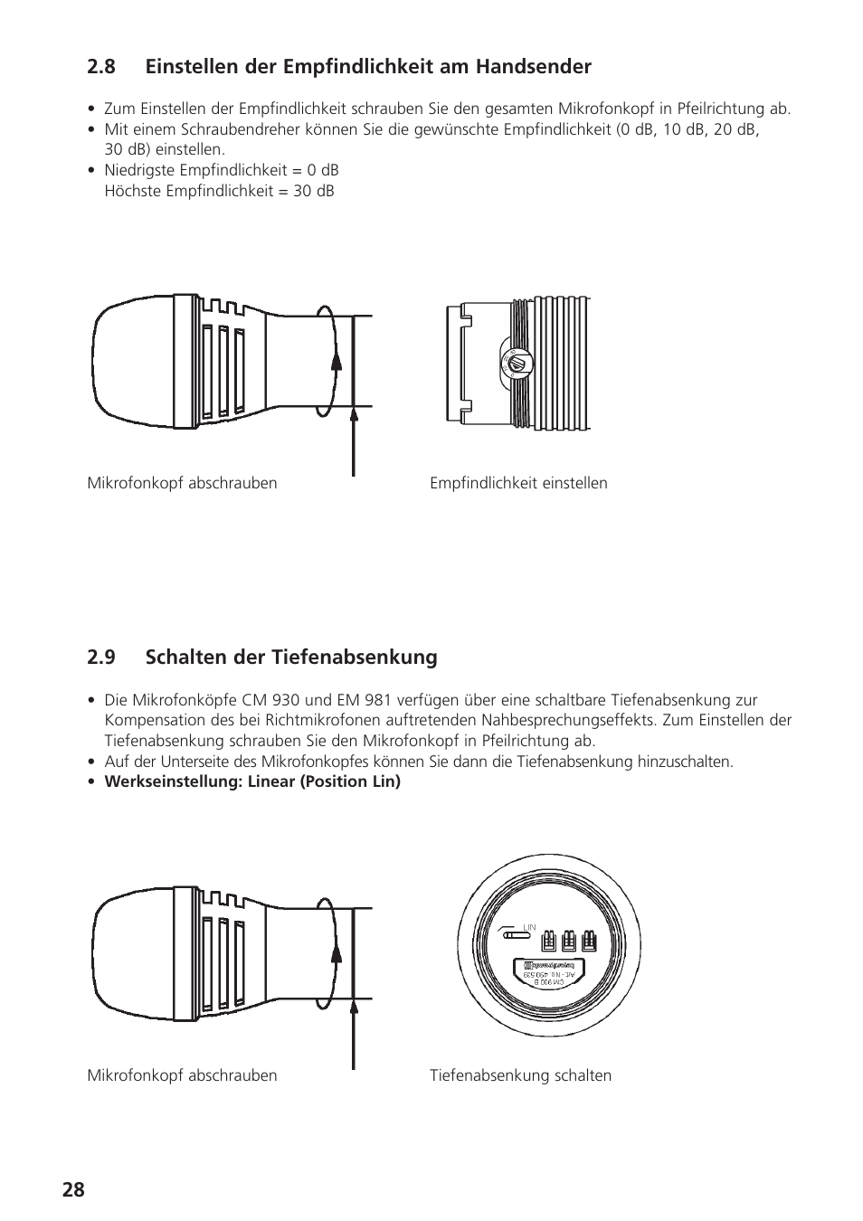 8 einstellen der empfindlichkeit am handsender, 9 schalten der tiefenabsenkung | Beyerdynamic UHF Wireless System Opus 900 User Manual | Page 28 / 164