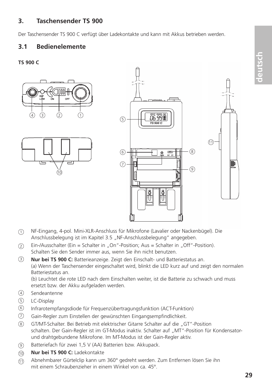 Taschensender ts 900, 1 bedienelemente, Deutsch | Beyerdynamic UHF Wireless System Opus 900 User Manual | Page 29 / 164