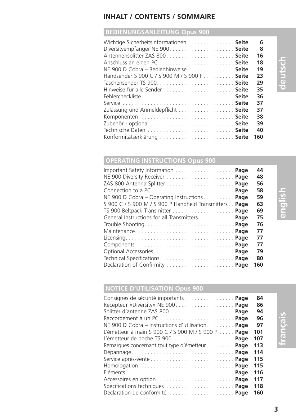 Inhalt, Sommaire, English deutsch français | 3inhalt / contents / sommaire | Beyerdynamic UHF Wireless System Opus 900 User Manual | Page 3 / 164