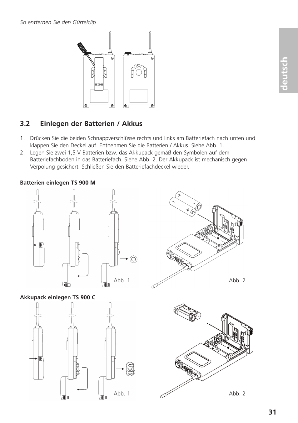 2 einlegen der batterien / akkus, Deutsch | Beyerdynamic UHF Wireless System Opus 900 User Manual | Page 31 / 164