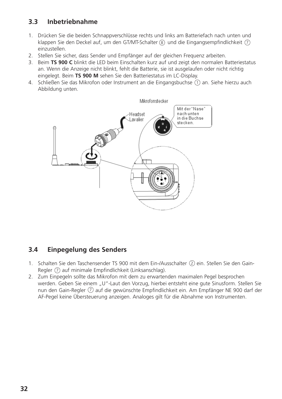 3 inbetriebnahme, 4 einpegelung des senders, 32 3.3 inbetriebnahme | Beyerdynamic UHF Wireless System Opus 900 User Manual | Page 32 / 164