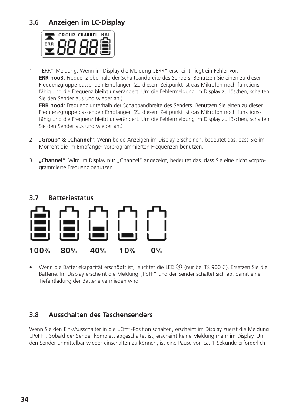 6 anzeigen im lc-display, 7 batteriestatus, 8 ausschalten des taschensenders | Beyerdynamic UHF Wireless System Opus 900 User Manual | Page 34 / 164