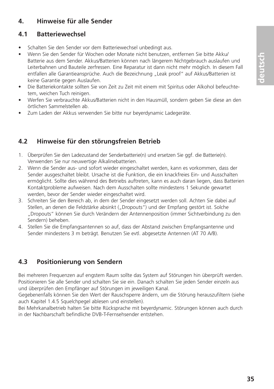 Hinweise für alle sender, 1 batteriewechsel, 2 hinweise für den störungsfreien betrieb | 3 positionierung von sendern, Deutsch | Beyerdynamic UHF Wireless System Opus 900 User Manual | Page 35 / 164