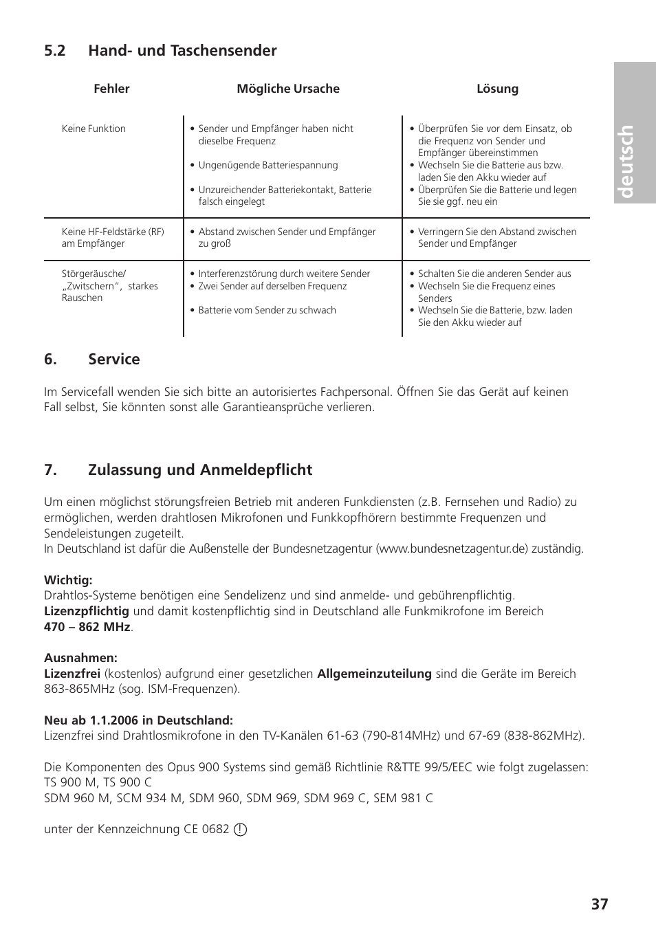 2 hand- und taschensender, Service, Zulassung und anmeldepflicht | Deutsch, 37 5.2 hand- und taschensender | Beyerdynamic UHF Wireless System Opus 900 User Manual | Page 37 / 164