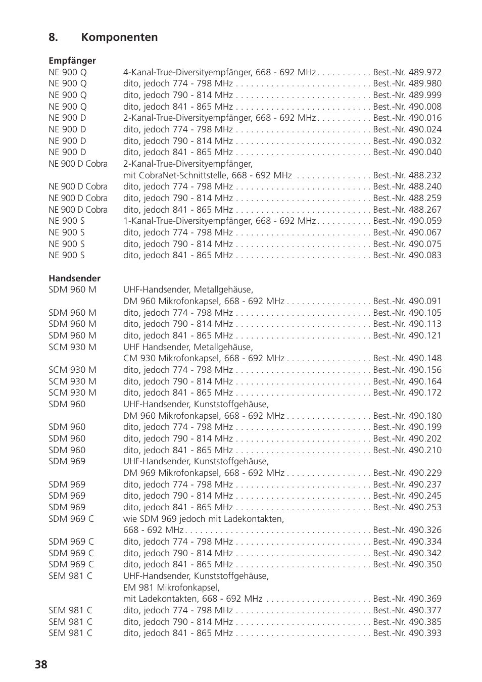 Komponenten, 38 8. komponenten | Beyerdynamic UHF Wireless System Opus 900 User Manual | Page 38 / 164