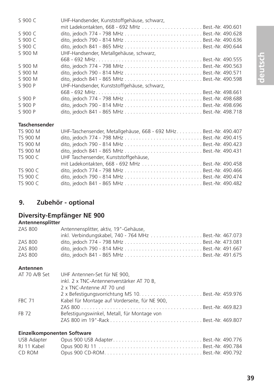 Zubehör - optional, Deutsch, Zubehör - optional diversity-empfänger ne 900 | Beyerdynamic UHF Wireless System Opus 900 User Manual | Page 39 / 164
