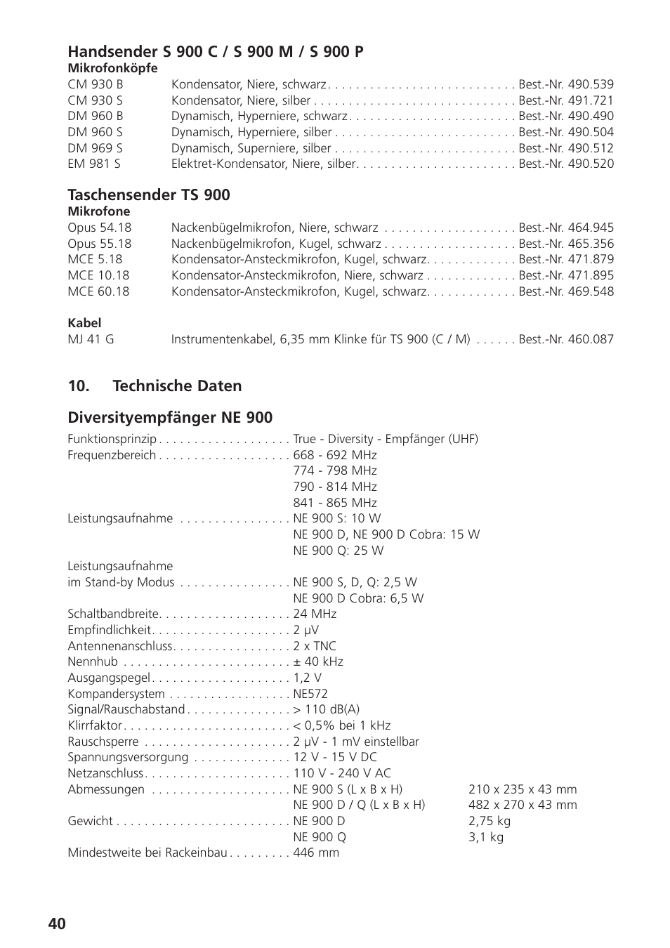 Technische daten, Taschensender ts 900, Technische daten diversityempfänger ne 900 | Beyerdynamic UHF Wireless System Opus 900 User Manual | Page 40 / 164