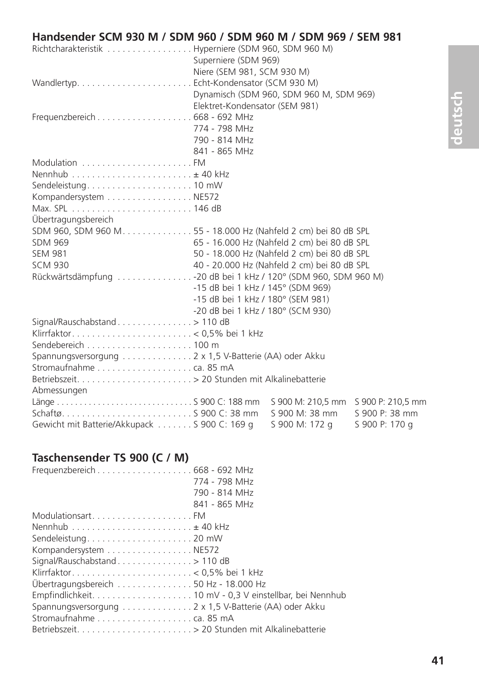 Deutsch | Beyerdynamic UHF Wireless System Opus 900 User Manual | Page 41 / 164