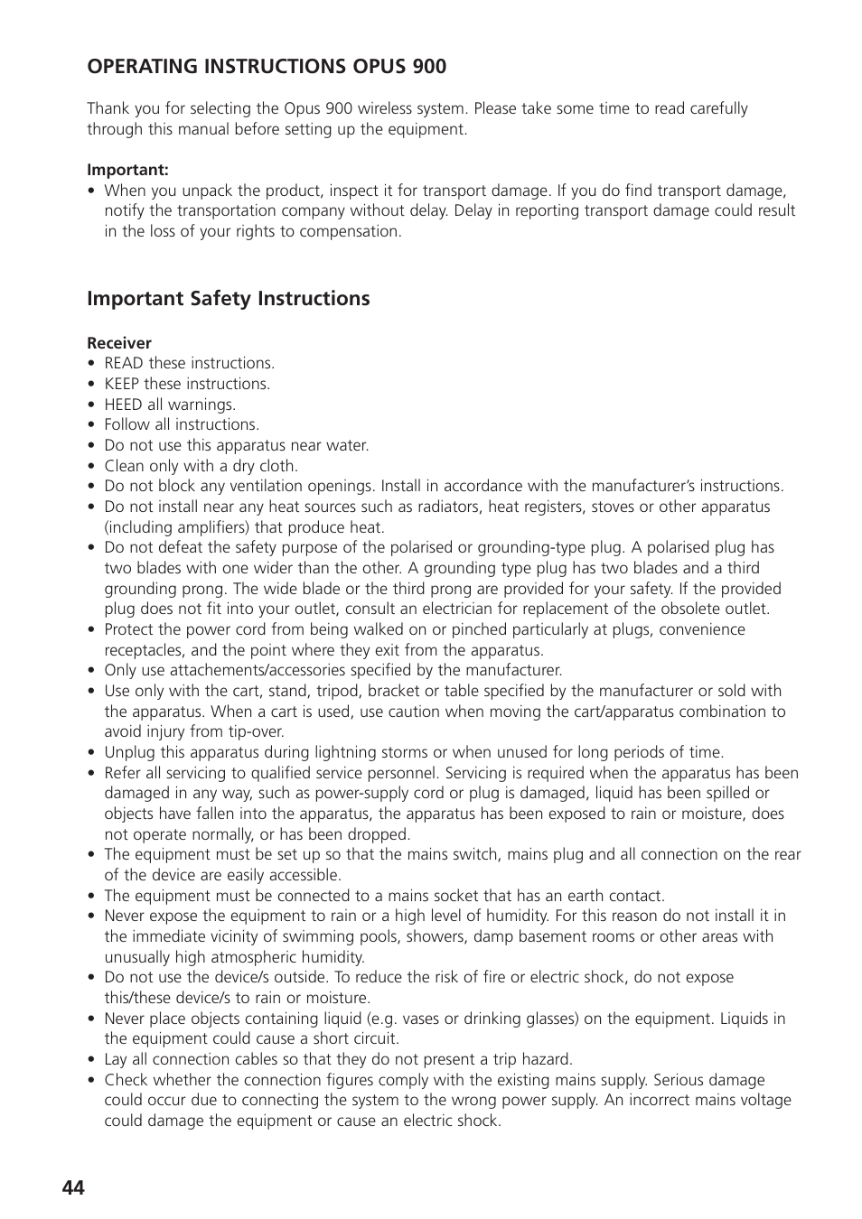 Important safety instructions | Beyerdynamic UHF Wireless System Opus 900 User Manual | Page 44 / 164