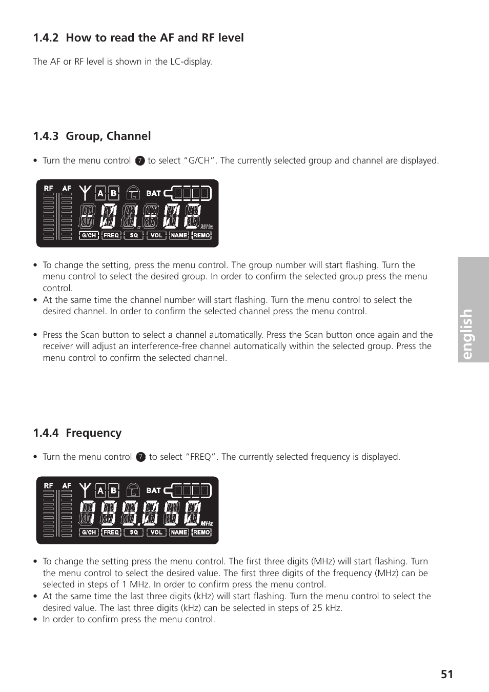 2 how to read the af and rf level, 3 group, channel, 4 frequency | English | Beyerdynamic UHF Wireless System Opus 900 User Manual | Page 51 / 164