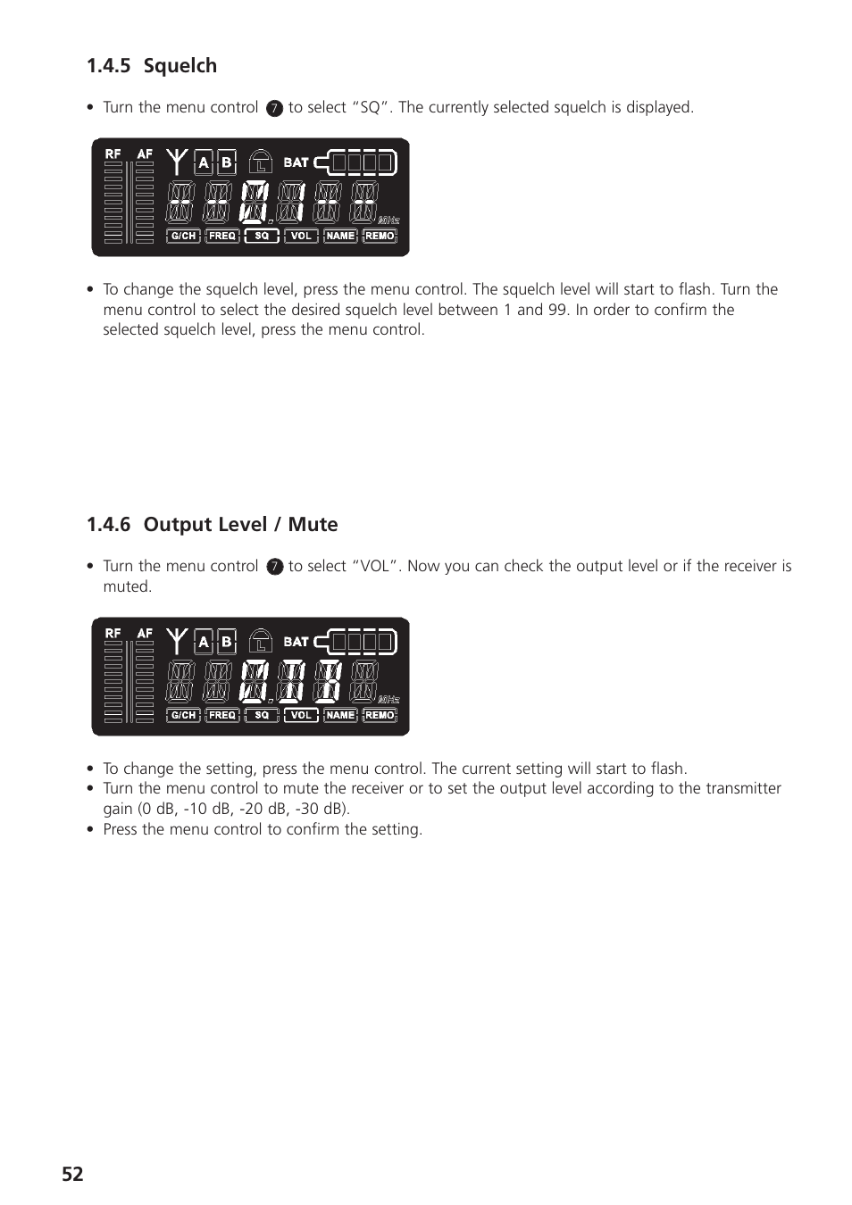 5 squelch, 6 output level / mute | Beyerdynamic UHF Wireless System Opus 900 User Manual | Page 52 / 164