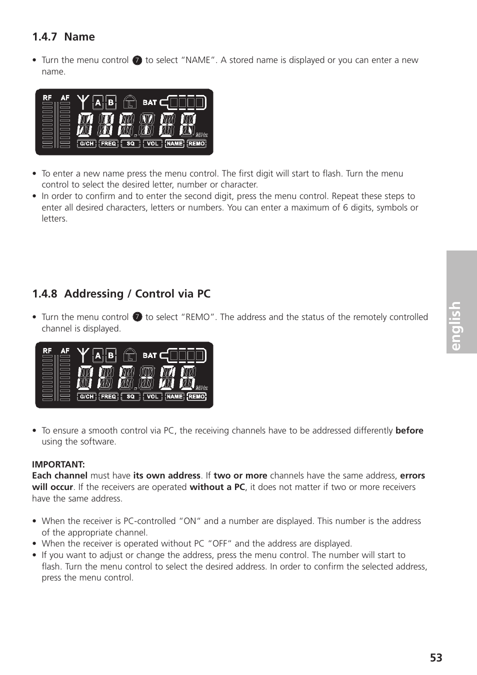 7 name, 8 addressing / control via pc, English | Beyerdynamic UHF Wireless System Opus 900 User Manual | Page 53 / 164