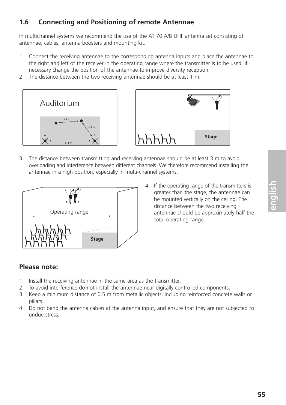 6 connecting and positioning of remote antennae, English, Auditorium | Beyerdynamic UHF Wireless System Opus 900 User Manual | Page 55 / 164