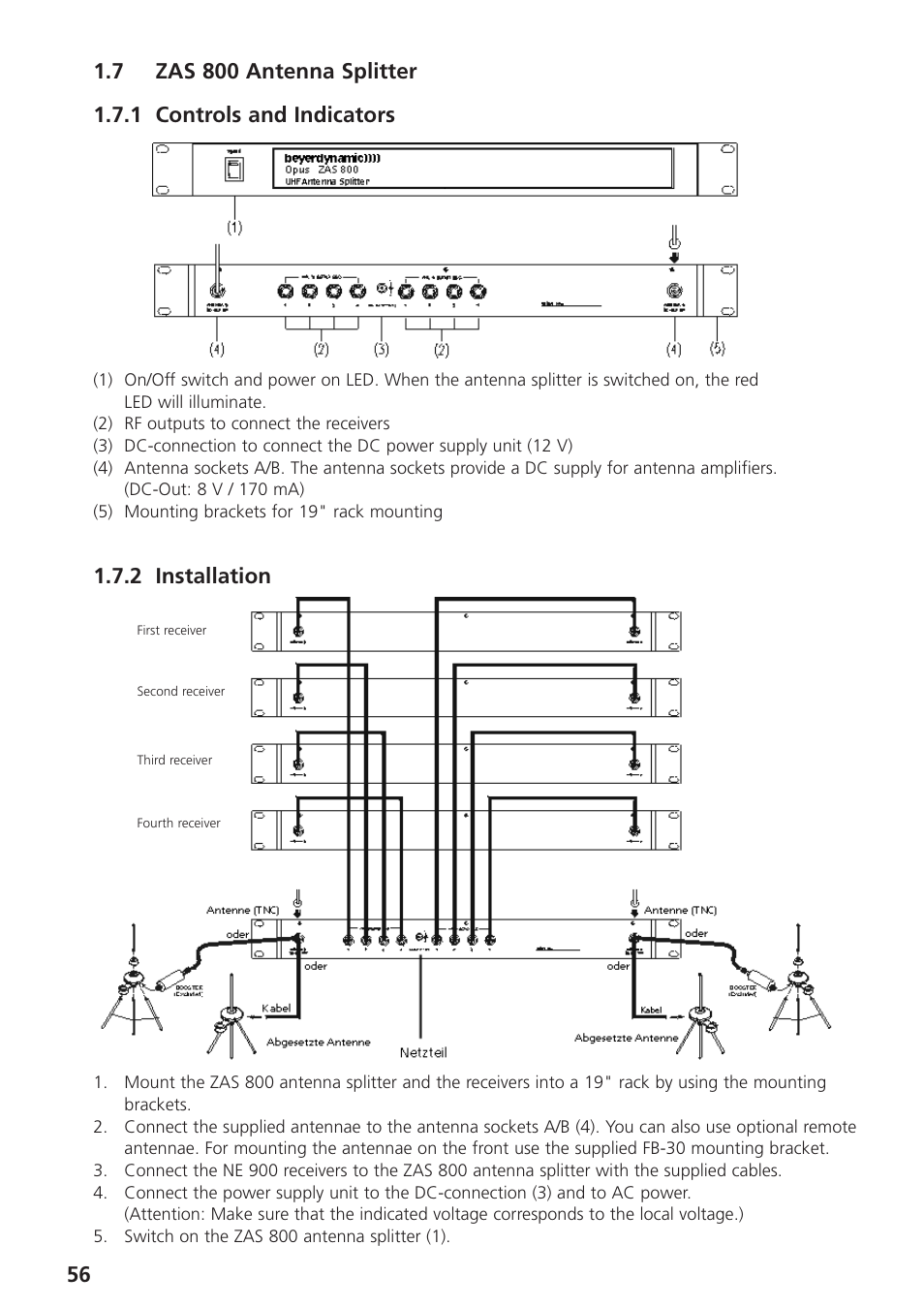 7 zas 800 antenna splitter, 1 controls and indicators, 2 installation | Beyerdynamic UHF Wireless System Opus 900 User Manual | Page 56 / 164