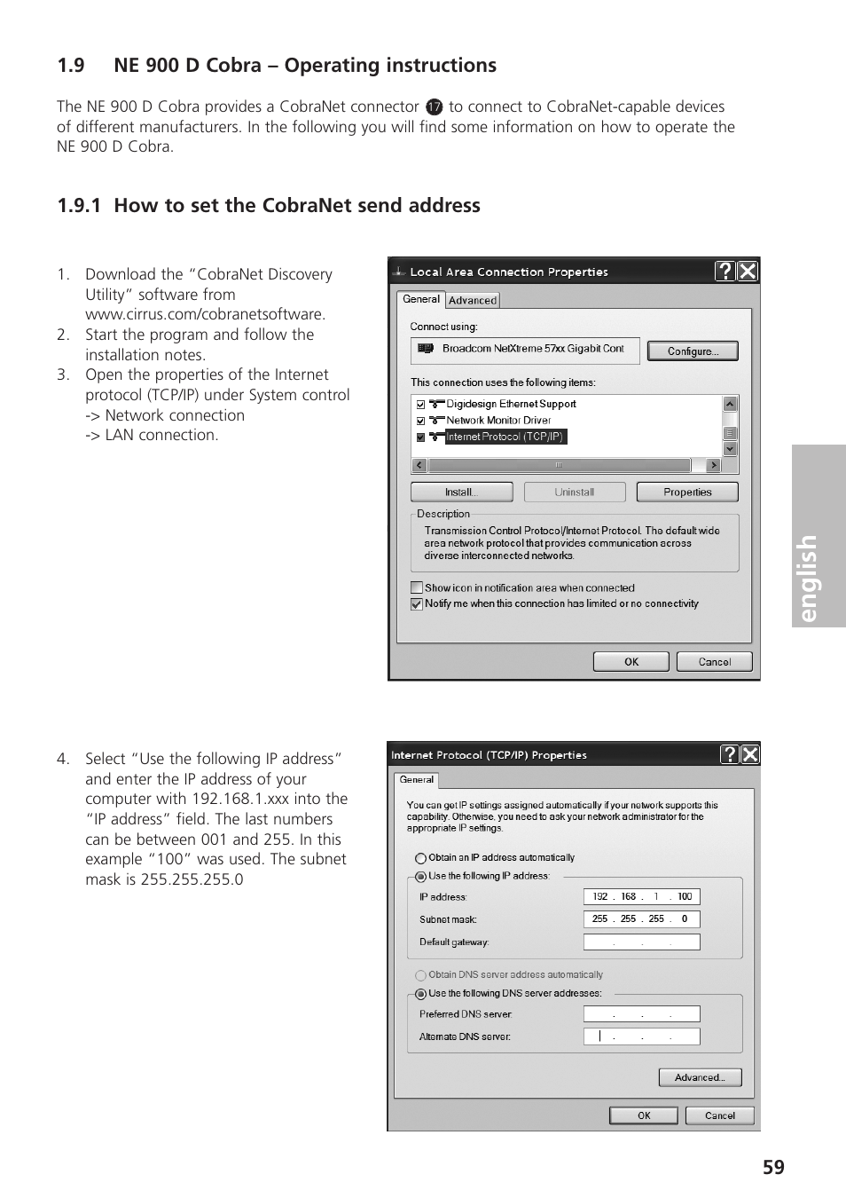 9 ne 900 d cobra – operating instructions, 1 how to set the cobranet send address, English | Beyerdynamic UHF Wireless System Opus 900 User Manual | Page 59 / 164