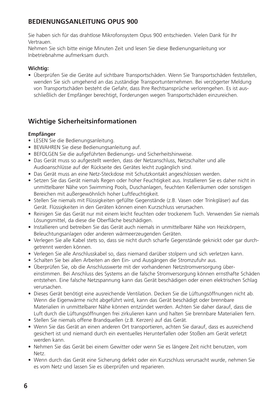 Wichtige sicherheitsinformationen, 6bedienungsanleitung opus 900 | Beyerdynamic UHF Wireless System Opus 900 User Manual | Page 6 / 164