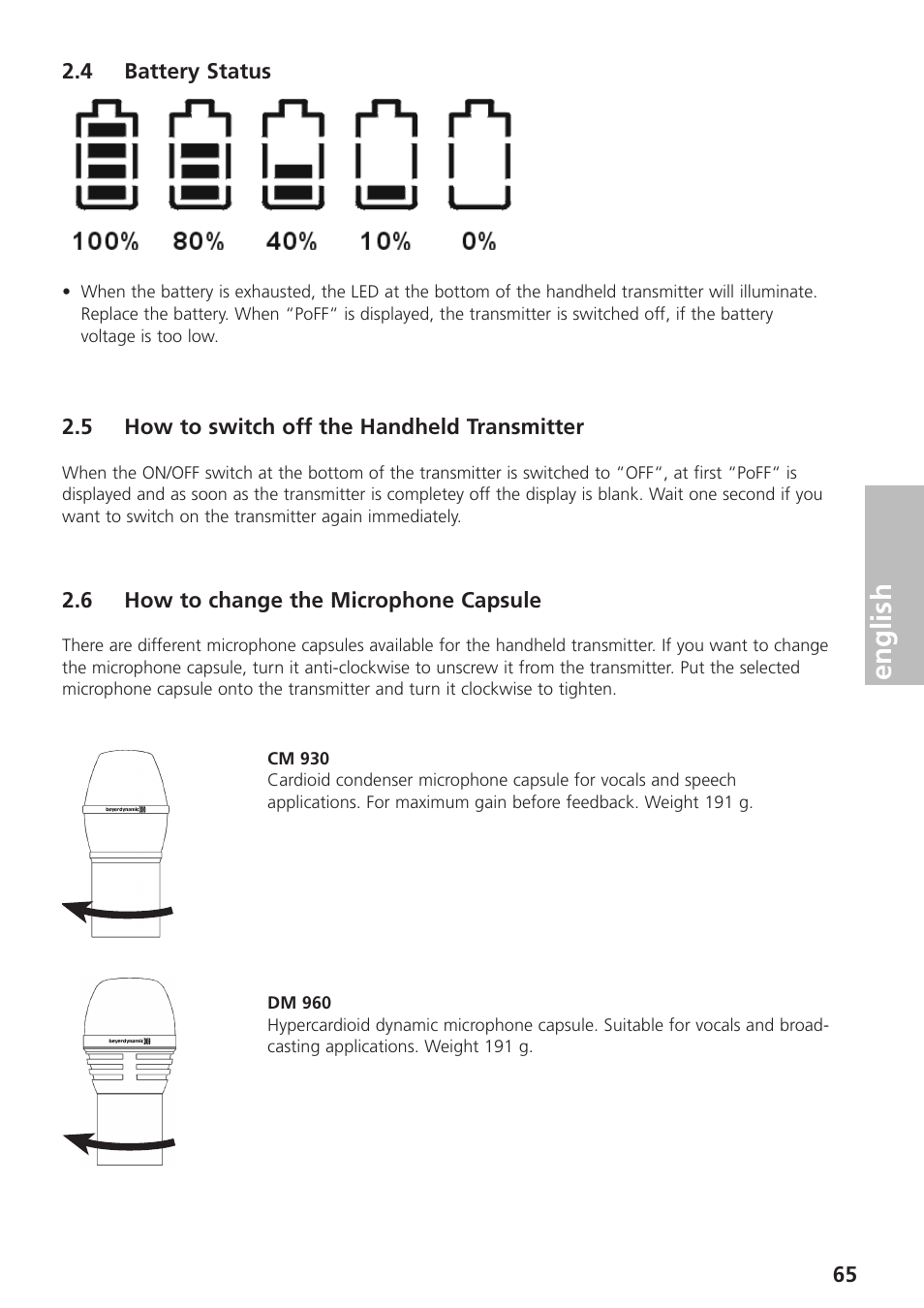 4 battery status, 5 how to switch off the handheld transmitter, 6 how to change the microphone capsule | English | Beyerdynamic UHF Wireless System Opus 900 User Manual | Page 65 / 164