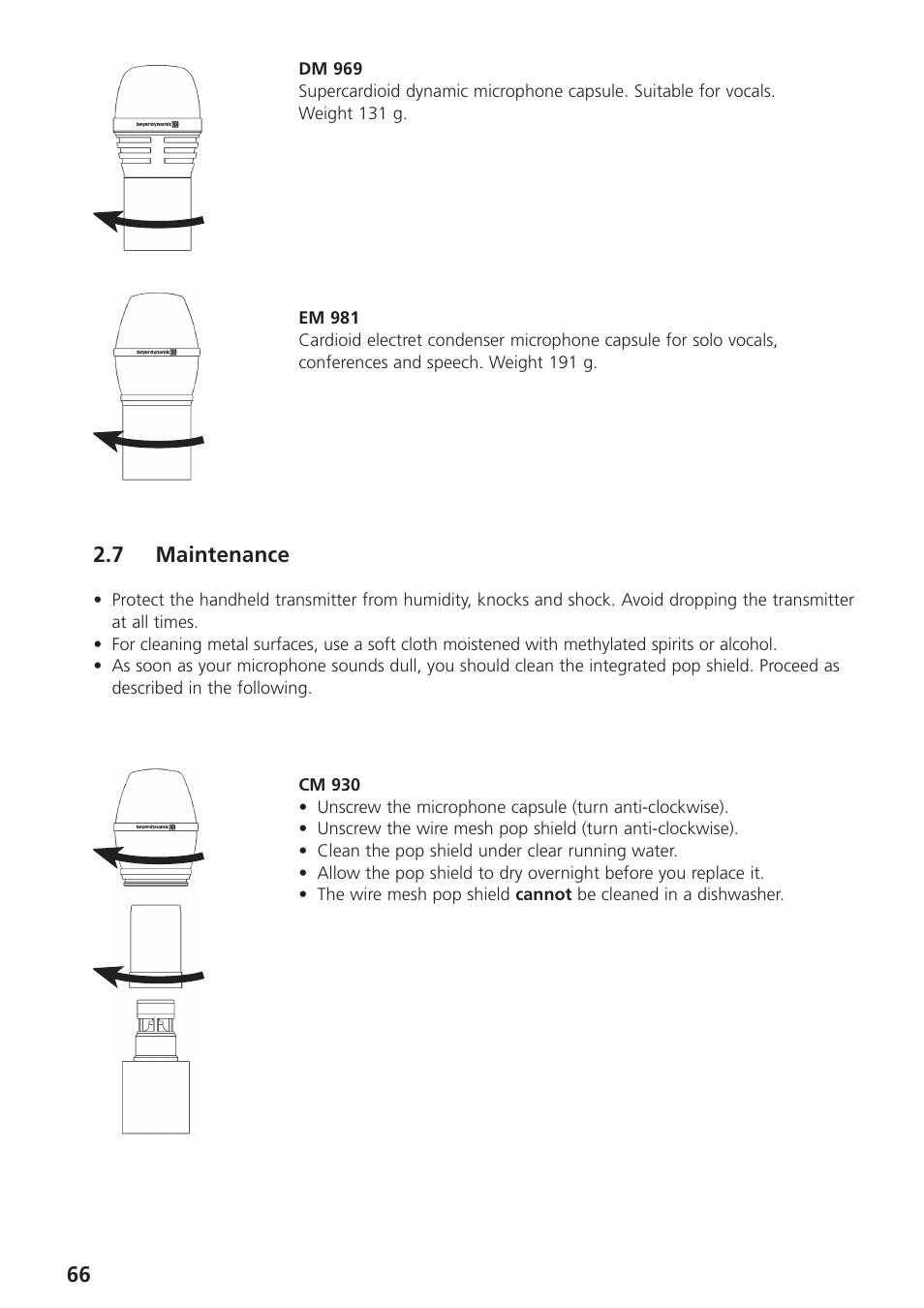 7 maintenance• protect the handheld | Beyerdynamic UHF Wireless System Opus 900 User Manual | Page 66 / 164