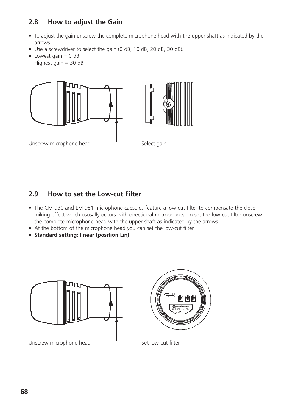 8 how to adjust the gain, 9 how to set the low-cut filter | Beyerdynamic UHF Wireless System Opus 900 User Manual | Page 68 / 164