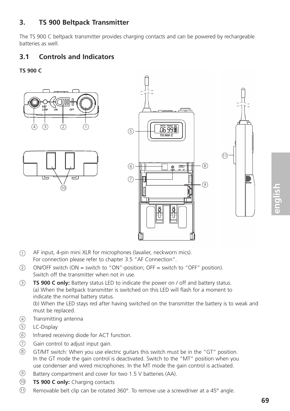 Ts 900 beltpack transmitter, 1 controls and indicators, English | Beyerdynamic UHF Wireless System Opus 900 User Manual | Page 69 / 164