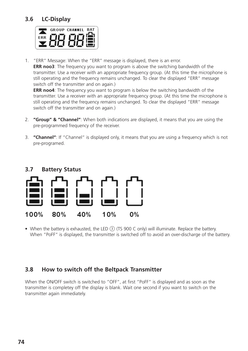 6 lc-display, 7 battery status, 8 how to switch off the beltpack transmitter | Beyerdynamic UHF Wireless System Opus 900 User Manual | Page 74 / 164