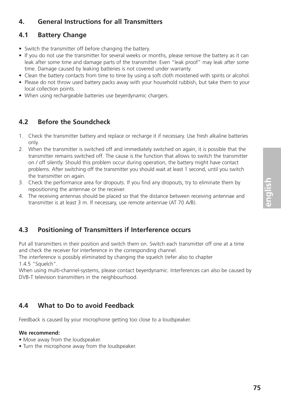 General instructions for all transmitters, 1 battery change, 2 before the soundcheck | 4 what to do to avoid feedback, English | Beyerdynamic UHF Wireless System Opus 900 User Manual | Page 75 / 164