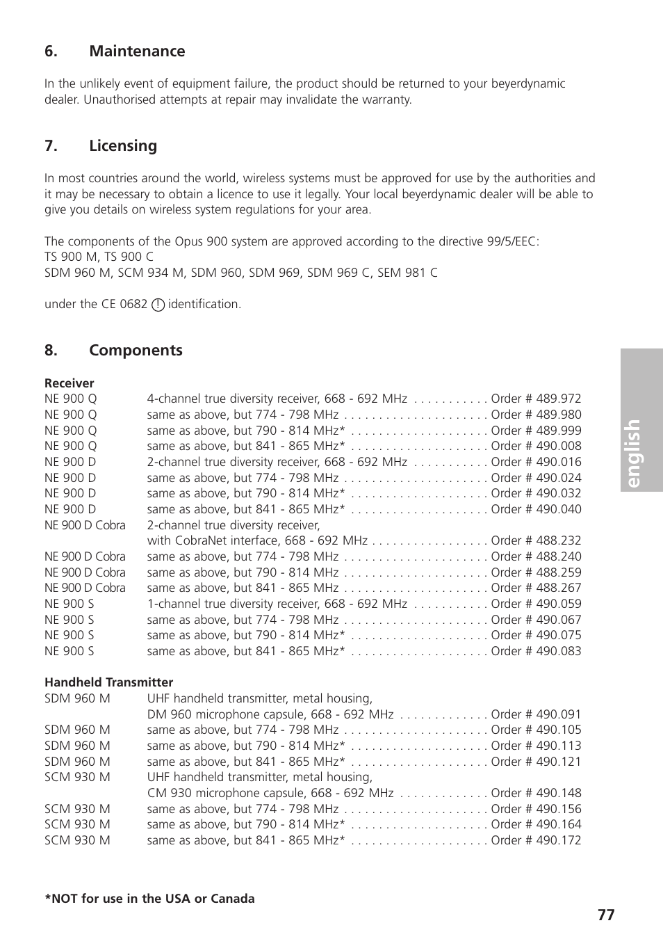 Maintenance, Licensing, Components | English | Beyerdynamic UHF Wireless System Opus 900 User Manual | Page 77 / 164