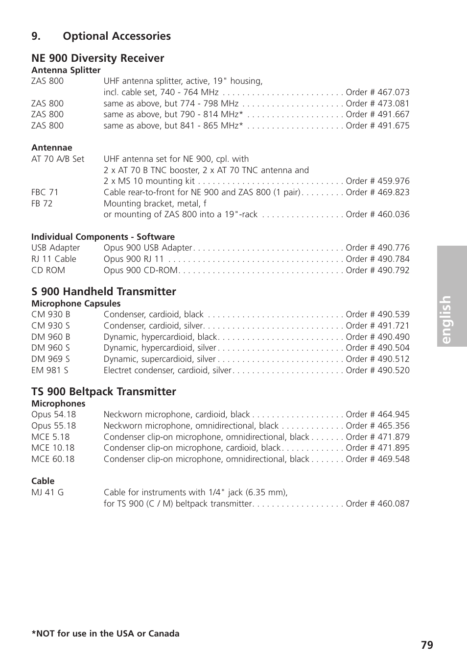 Optional accessorie, English | Beyerdynamic UHF Wireless System Opus 900 User Manual | Page 79 / 164