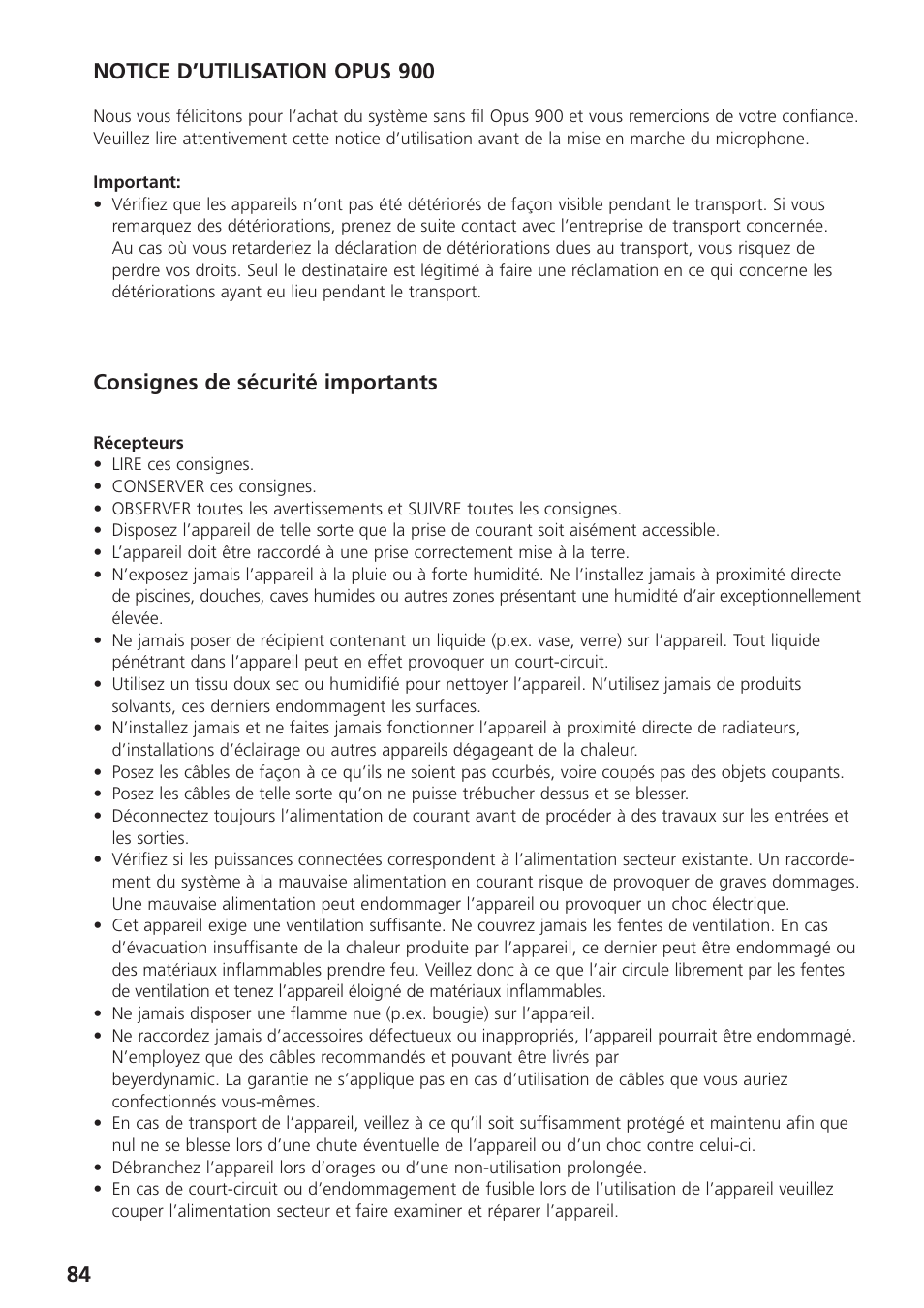 Consignes de sécurité importants | Beyerdynamic UHF Wireless System Opus 900 User Manual | Page 84 / 164