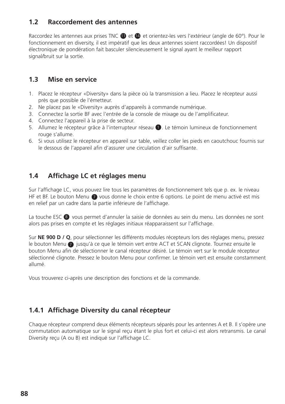 2 raccordement des antennes, 3 mise en service, 4 affichage lc et réglages menu | 1 affichage diversity du canal récepteur, 88 1.2 raccordement des antennes | Beyerdynamic UHF Wireless System Opus 900 User Manual | Page 88 / 164