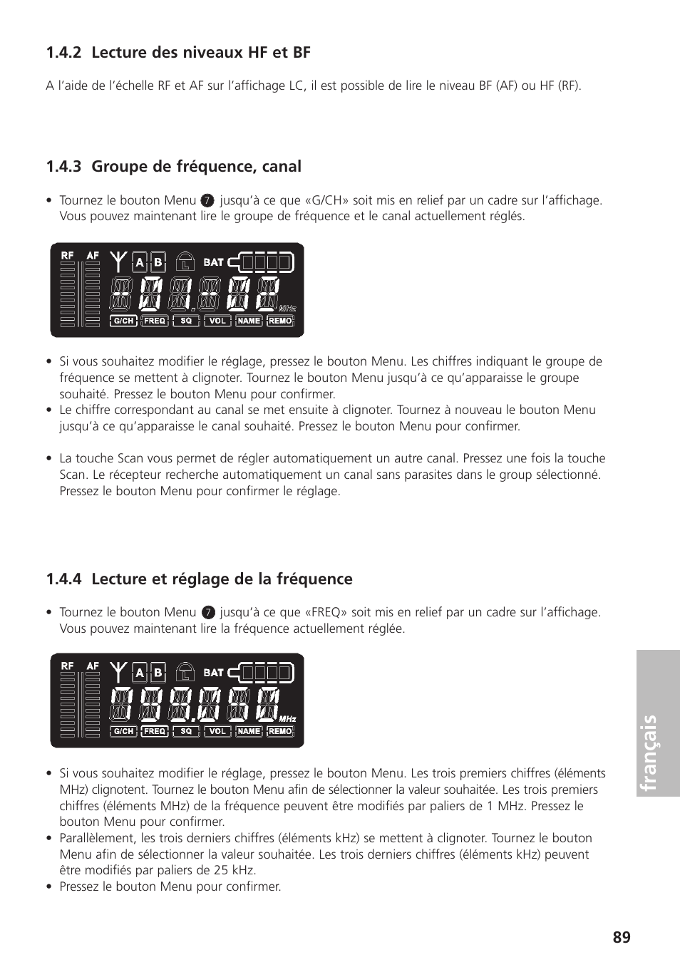 2 lecture des niveaux hf et bf, 3 groupe de fréquence, canal, 4 lecture et réglage de la fréquence | Français | Beyerdynamic UHF Wireless System Opus 900 User Manual | Page 89 / 164
