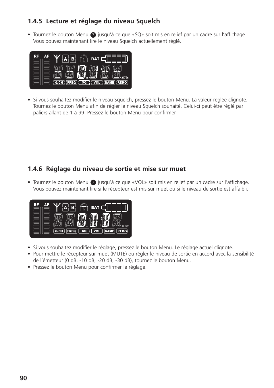 5 lecture et réglage du niveau squelch, 6 réglage du niveau de sortie et mise sur muet | Beyerdynamic UHF Wireless System Opus 900 User Manual | Page 90 / 164