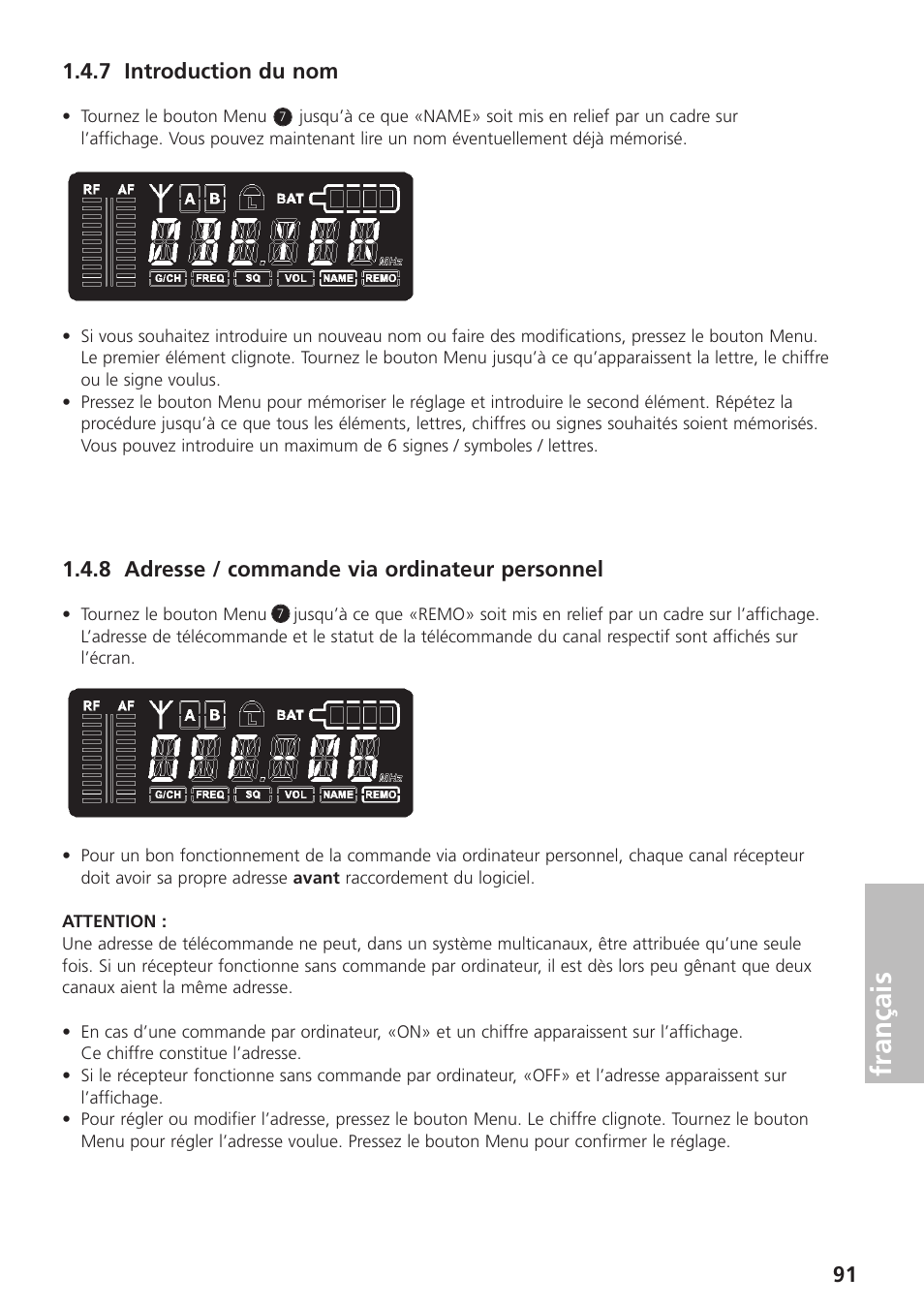 7 introduction du nom, 8 adresse / commande via ordinateur personnel, Français | Beyerdynamic UHF Wireless System Opus 900 User Manual | Page 91 / 164