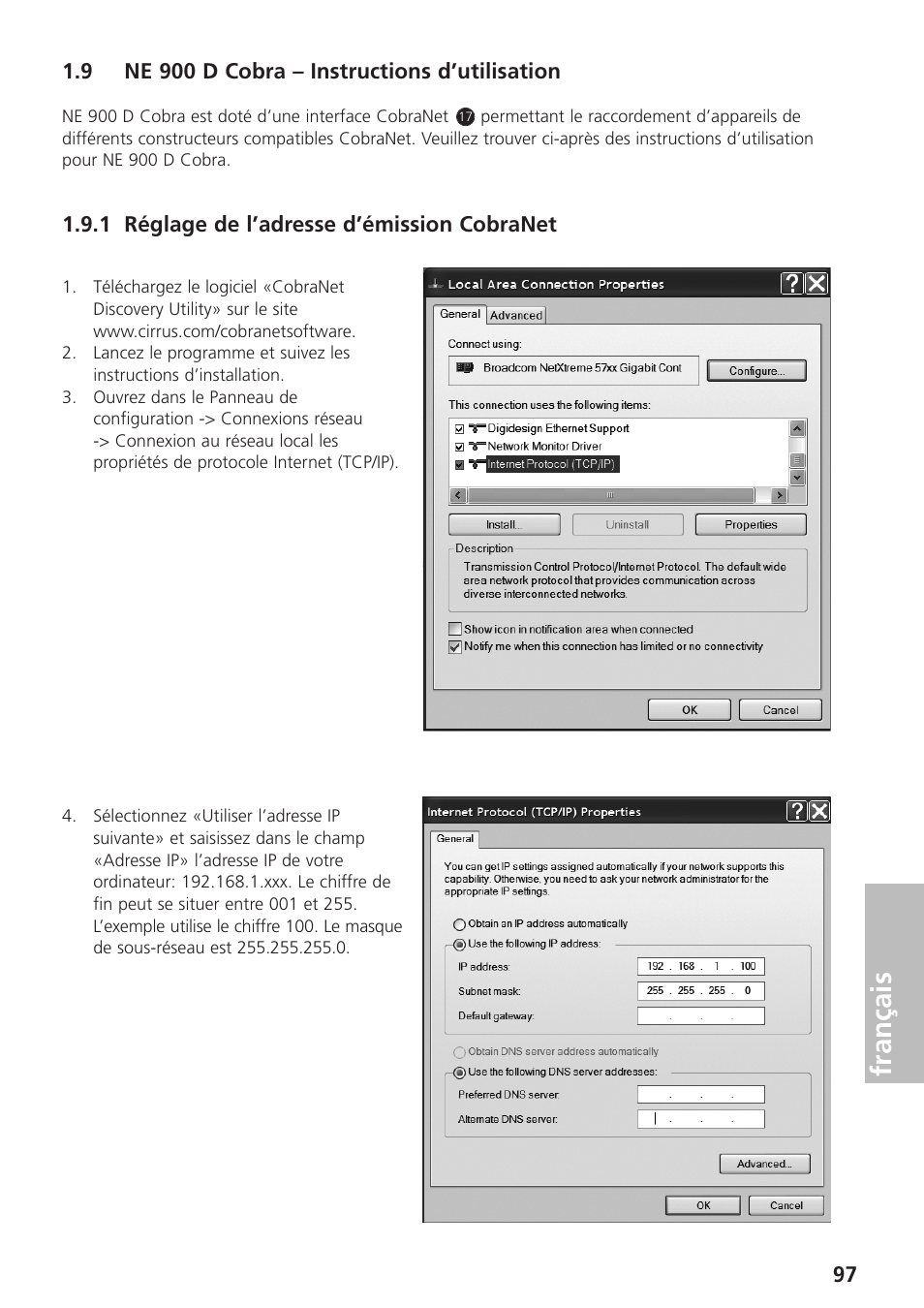 9 ne 900 d cobra – instructions d’utilisation, 1 réglage de l’adresse d’émission cobranet, Français | Beyerdynamic UHF Wireless System Opus 900 User Manual | Page 97 / 164
